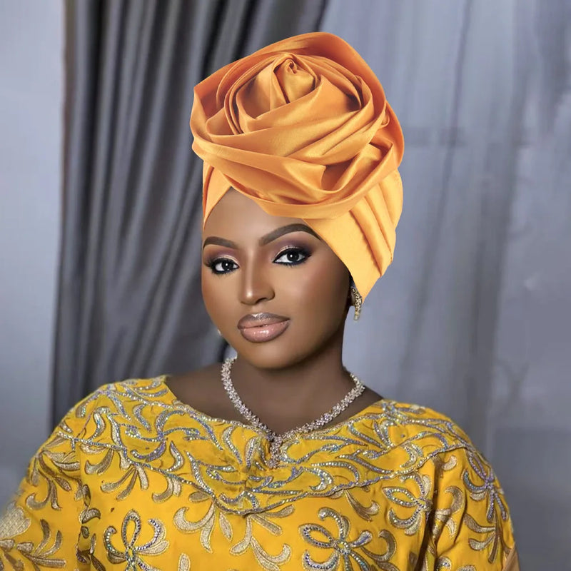 Raw Silk Big Rose Flower African Turban Caps for Women Headwear Head Wraps Nigerian Wedding Geles Party Headgear Bonnet