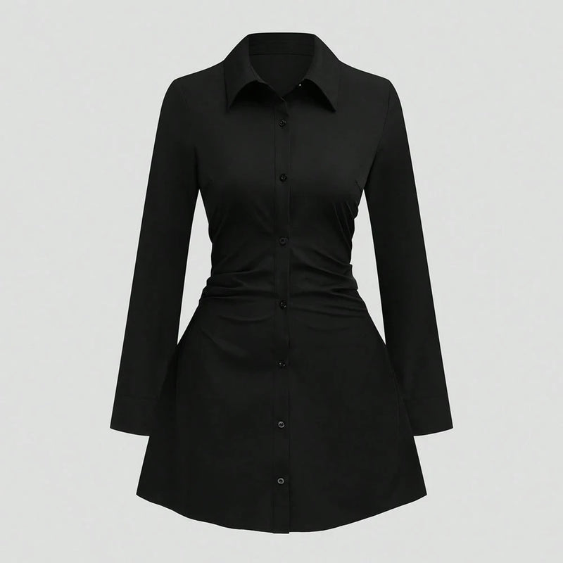 Plus size casual cintura fina manga longa camisa vestido cor pura elegante estilo viajante 2025 outono novo