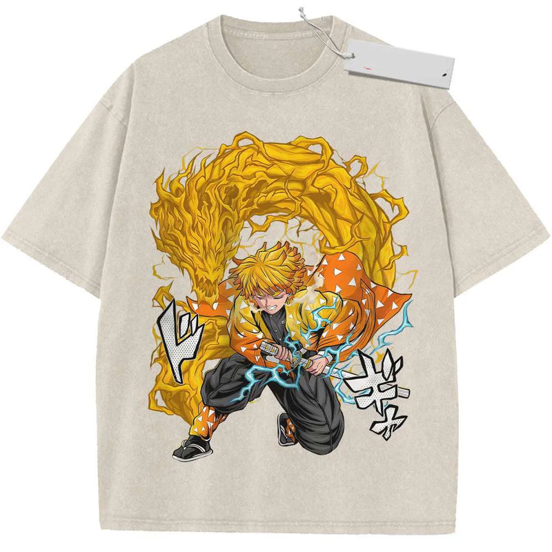 Anime Demon Slayer Agatsuma Zenitsu Graphic Print T Shirt Men Vintage Casual T-shirts Washed Cotton Tshirt Harajuku Male Tops