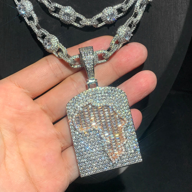 Iced Out Bling Africa Map Pendant Necklace Cubic Zirconia Silver Color Eye Cuban Chain Charm Men Fashion Hip Hop Jewelry