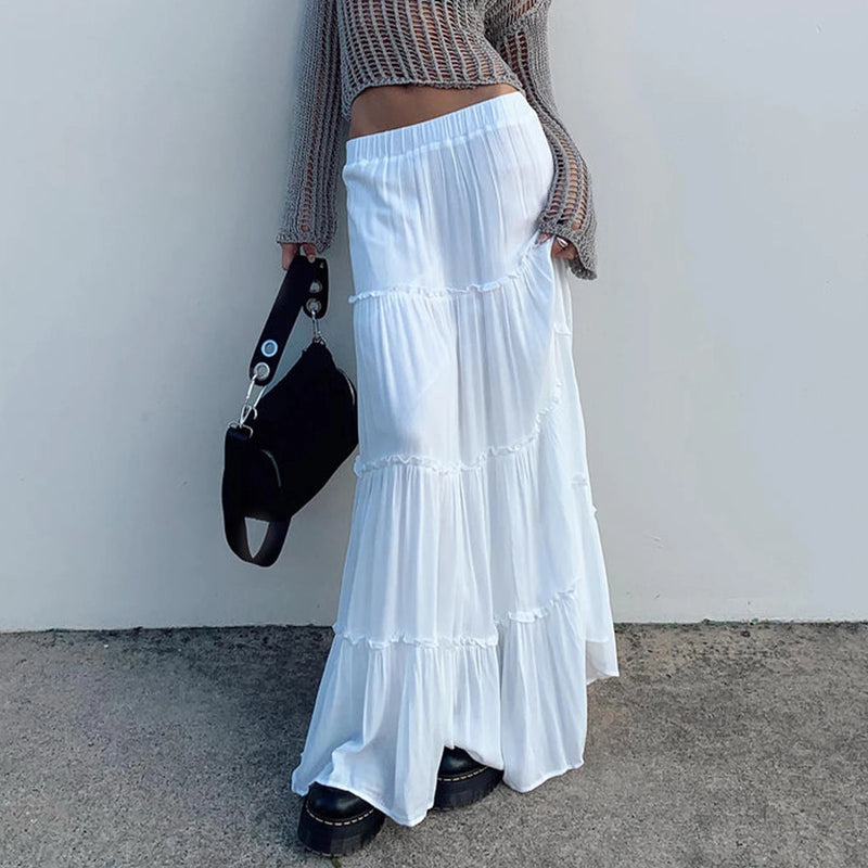 Women's Tiered Long Skirts Drawstring Elastic Waist Solid Color Ruched Midi Skirts Side Split Long Skirts Summer Beachwear