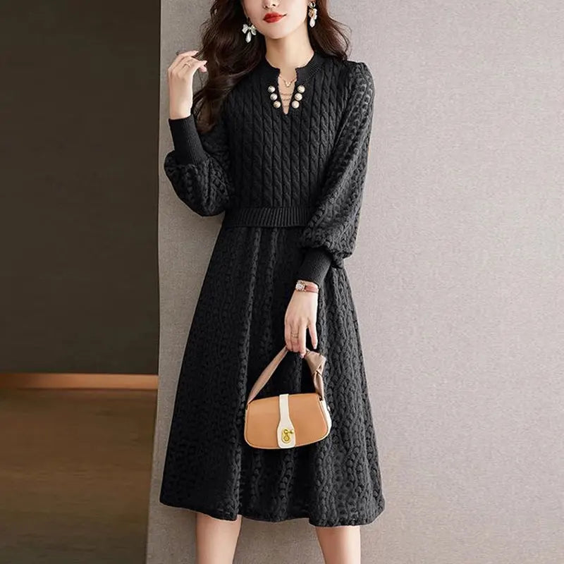 Fake Two Pieces Knitted Patchwork Midi Dress Female Clothing A-Line Waist Spring Autumn Commute Stylish Lace Hollow Out Dresses