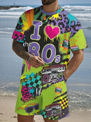 Eu amo 80s tema impressão 3d agasalho masculino praia terno em torno do pescoço manga curta camiseta shorts define roupas esportivas masculinas
