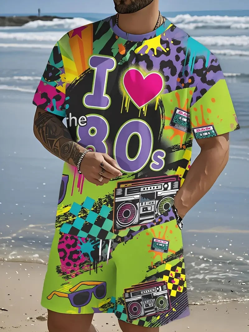 Eu amo 80s tema impressão 3d agasalho masculino praia terno em torno do pescoço manga curta camiseta shorts define roupas esportivas masculinas