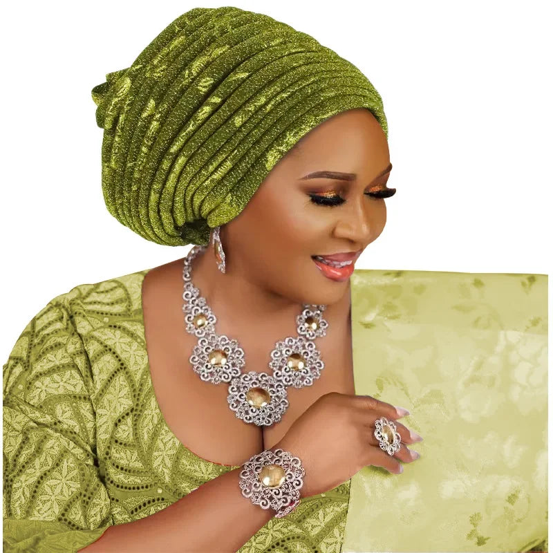 African Lady Headpiece Muslim Headscarf Hat Glitter Fabric Turban Cap for Women Pleated Head Wraps Bonnet