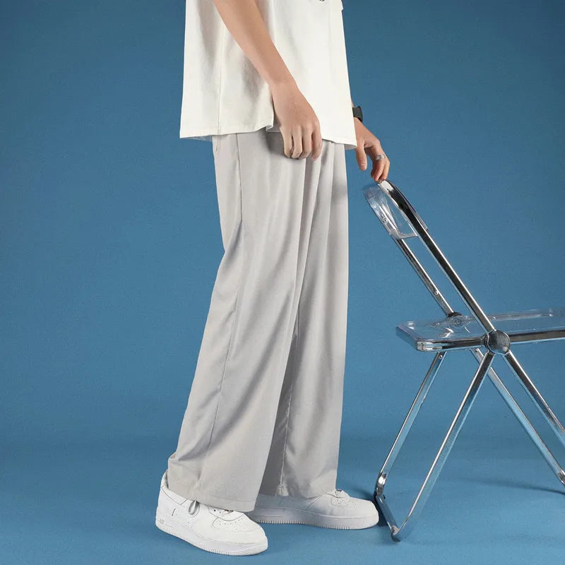 Ice Silk Men's Summer Thin Loose Casual Pants Straight Leg Trendy Wide Leg Floor-Length Sports Pants Comfortable Loose Fit