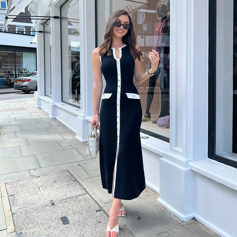 Taruxy elegante sem mangas único breasted com nervuras malhas vestido longo para mulheres cintura alta bodycon malha vestido de bolso falso novo