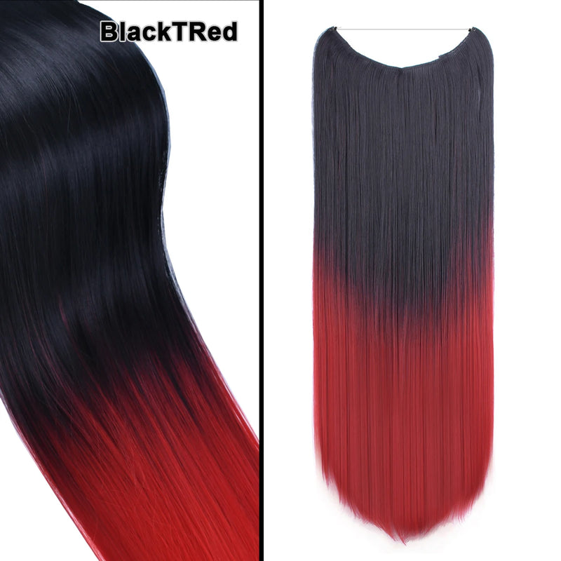 Jeedou One Piece Synthetic Hair Extension No Clips Whit Invisible Line Straight&Wavy Hair Hairpieces Brown Blue Ombre Color