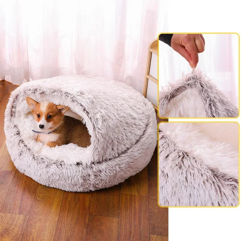 Cama redonda de pelúcia macia para gatos, colchão para animais de estimação, cesta quente e confortável, 2 em 1, saco de dormir, ninho para cães pequenos