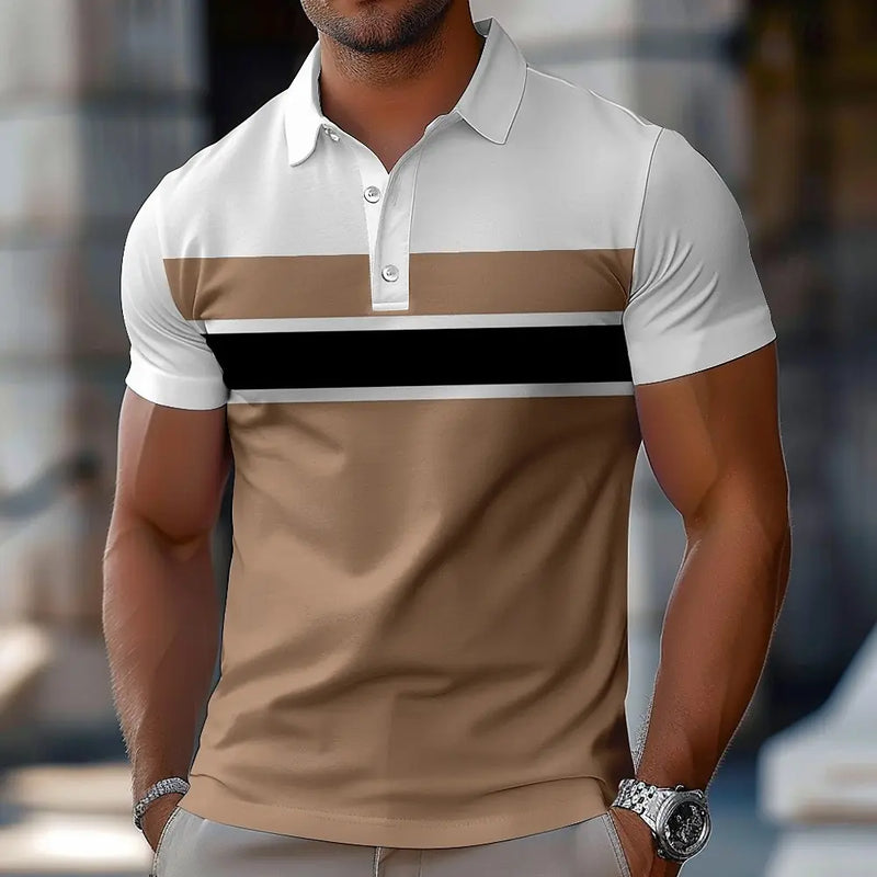 Summer Men's Striped Sport Golf Shirt Fashion Short Sleeved Polo Shirt Collared Shirt Casual Tops Outdoor Street Polo Shirt
