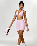 Novo sem costura shorts de yoga hip levantamento cintura alta esportes e fitness três partes calças alta elasticidade apertado encaixe calças de yoga