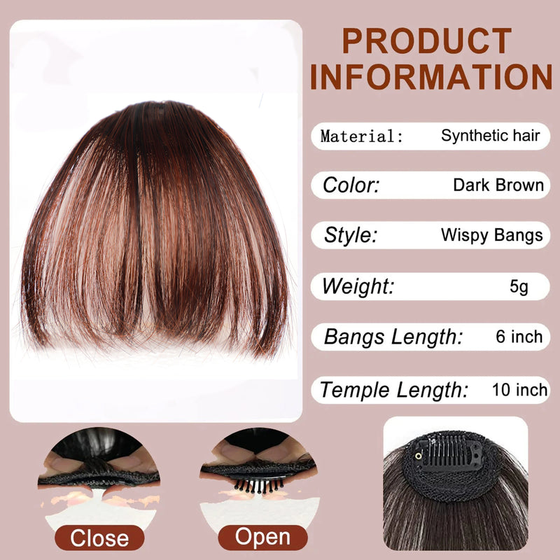 Clip In Bangs Brown Fake Bangs Extensions Wispy Clip on Air Bangs for Women Fringe with Temples Hairpieces Curved Bangs