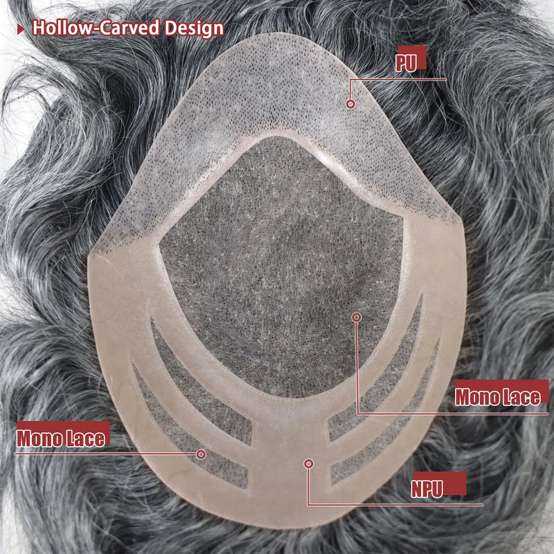 CC Shape Base Human Hair Toupee For Men Wig Mix Grey Brown Color PU Mono Lace Hair System Natural Wave Straight Replacement