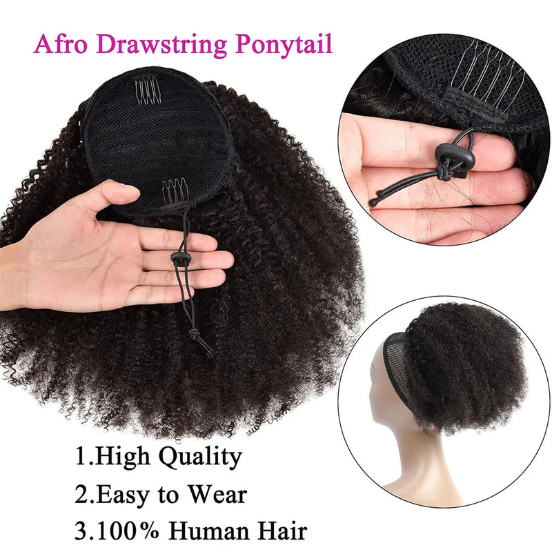Mogolian afro kinky encaracolado cordão rabo de cavalo remy extensões de cabelo humano 3c 4a 10-24 polegada longo kinky clipe na extensão de rabo de cavalo