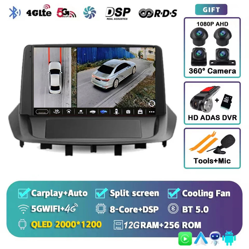 Android 14 For Renault Fluence 1 2009 - 2017 Multimedia Monitor Carplay Auto WIFI Navigation Player Video Stereo GPS Radio QLED