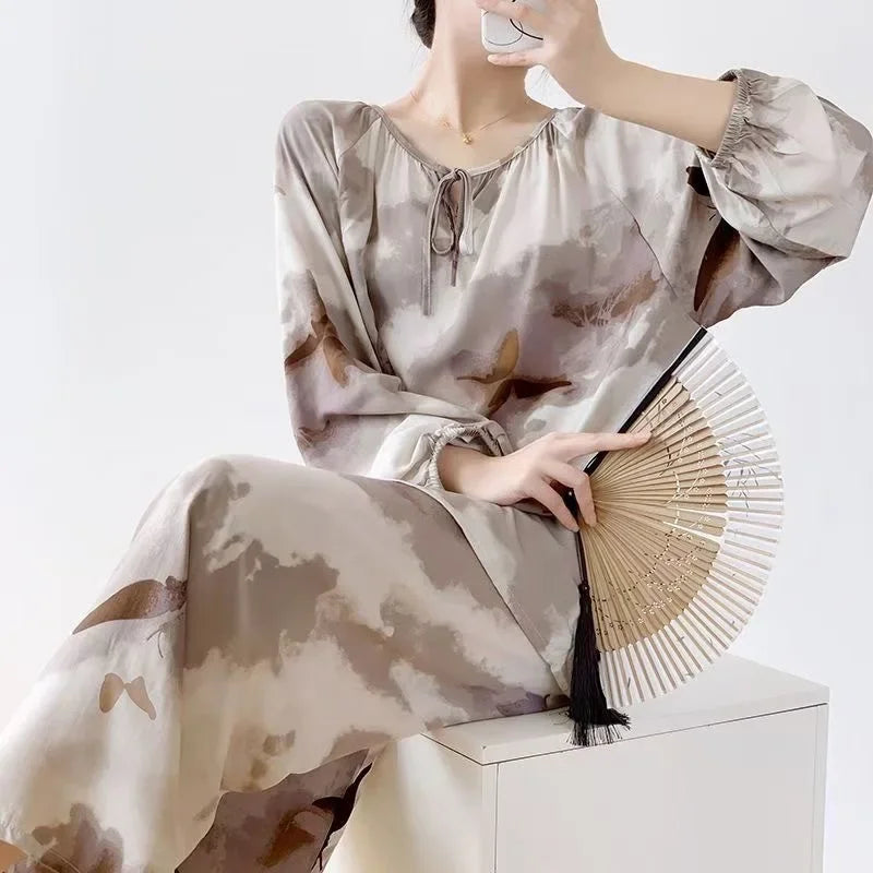 Spring Autumn Cotton Silk Sleepwear Women Loose Thin Home Clothes Set Large Size V-neck Comfortable Breathable Home Fashion