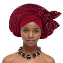 Lantejoulas Bowknot Headtie Africano, Nigeriano Auto Gele Envoltórios Cabeça das Mulheres, Já Feito Boné de Turbante, Casamento Geles Festa Capacete