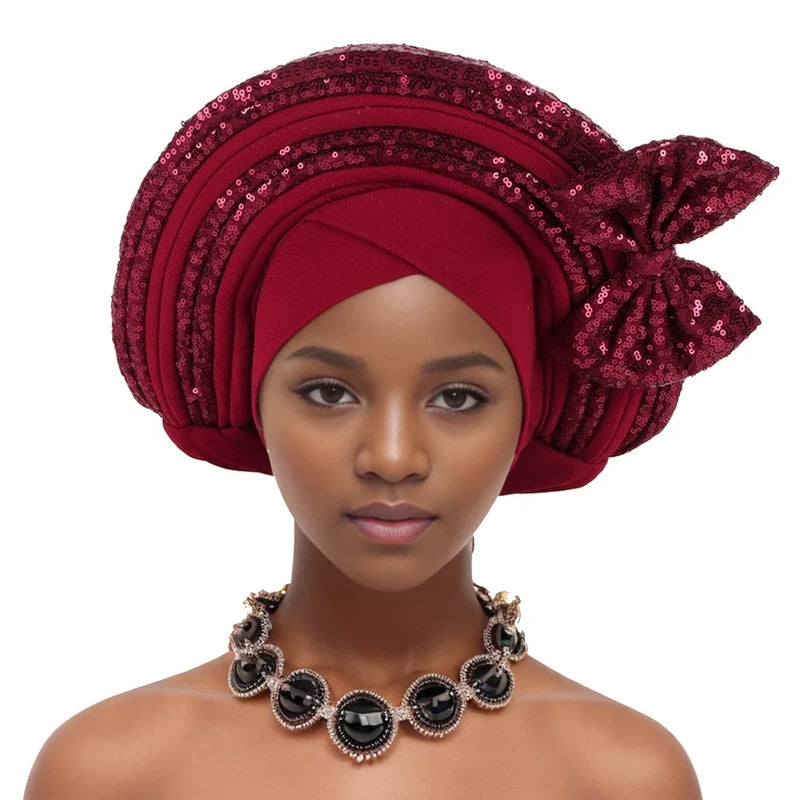 Lantejoulas Bowknot Headtie Africano, Nigeriano Auto Gele Envoltórios Cabeça das Mulheres, Já Feito Boné de Turbante, Casamento Geles Festa Capacete