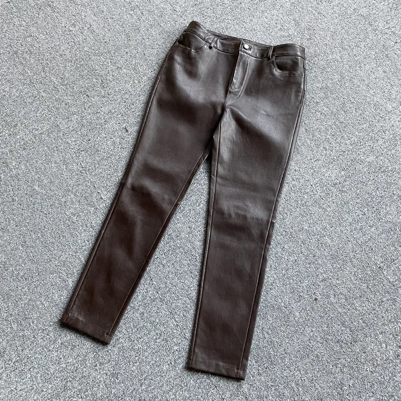Black/White Genuine Leather Pencile Pants Sheepskin Classic High Waist Skinny Trousers Stretch Leggings for Women Pantalon Mujer