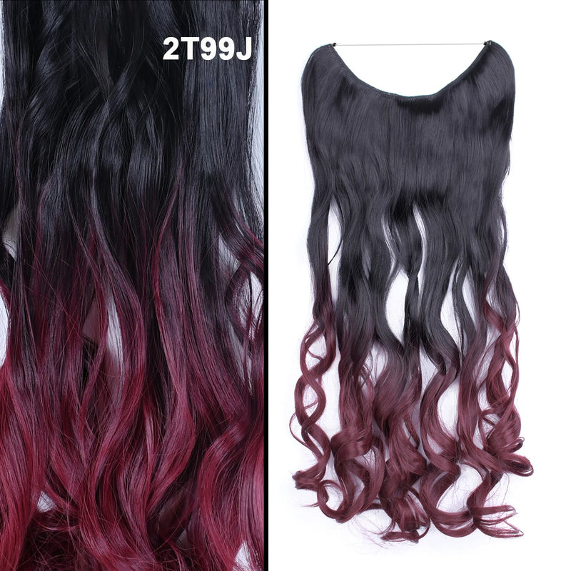 Jeedou One Piece Synthetic Hair Extension No Clips Whit Invisible Line Straight&Wavy Hair Hairpieces Brown Blue Ombre Color