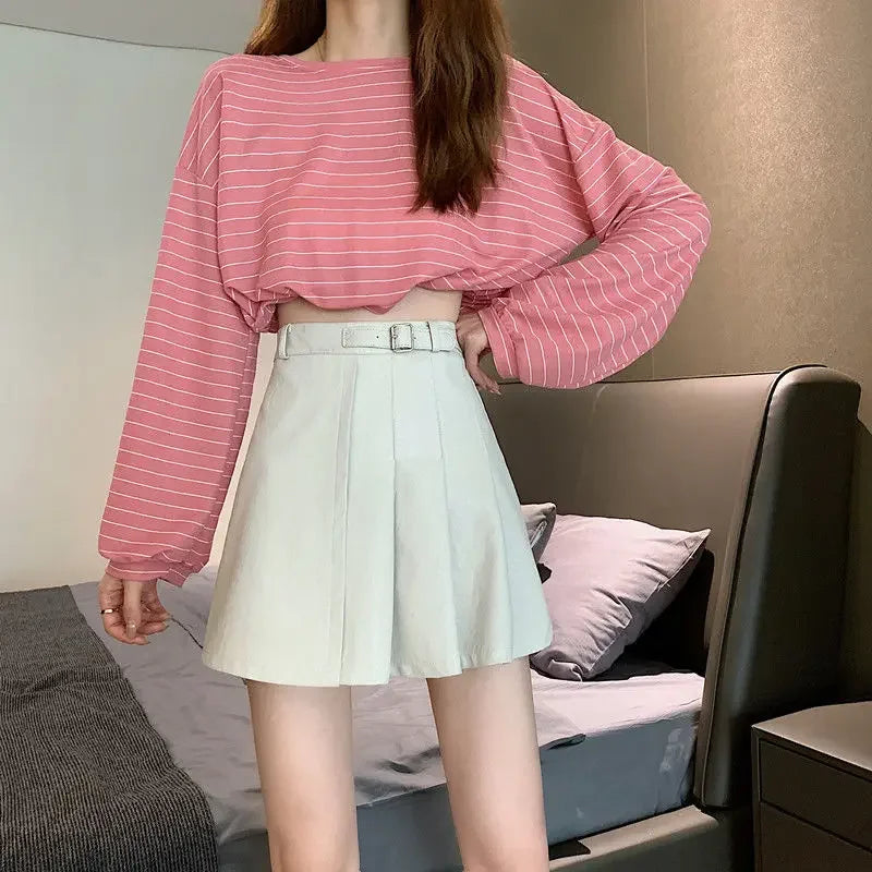 2025 New Faux Leather Skirt Women Korean Solid PU Black/White High Waist Skirt Woman