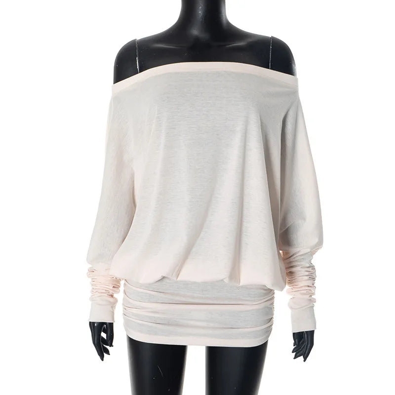 Women's Long Sleeve Boat Neck Off Shoulder Blouse Dress