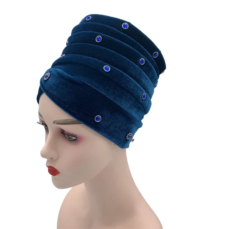 1 pc feminino veludo turbante bonnet diamantes africano aso oke headtie muçulmano cabeça envolve islâmico femme musulman lenço chapéu