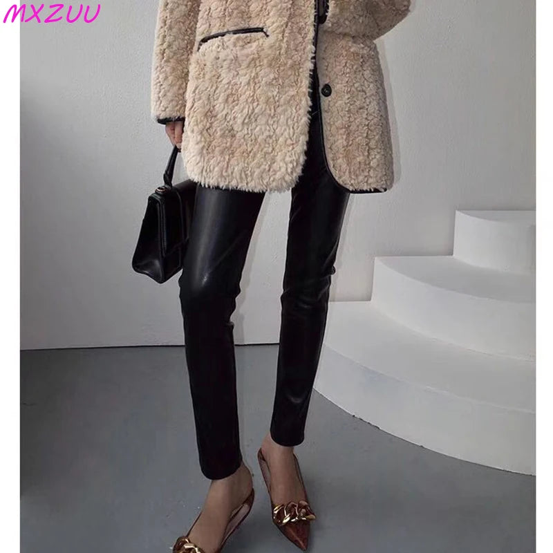 Black/White Genuine Leather Pencile Pants Sheepskin Classic High Waist Skinny Trousers Stretch Leggings for Women Pantalon Mujer