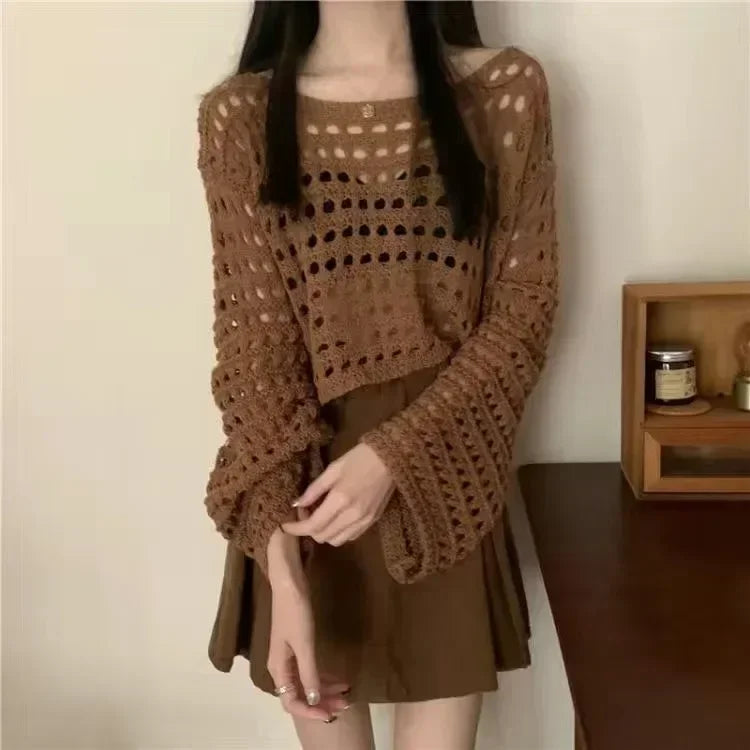 Women Crochet Knit Hollow Out Crop Top Long Sleeve Shrug Sweater Mesh Cover Ups Cardigan Streetwear Pullover Women Clothes Y2k