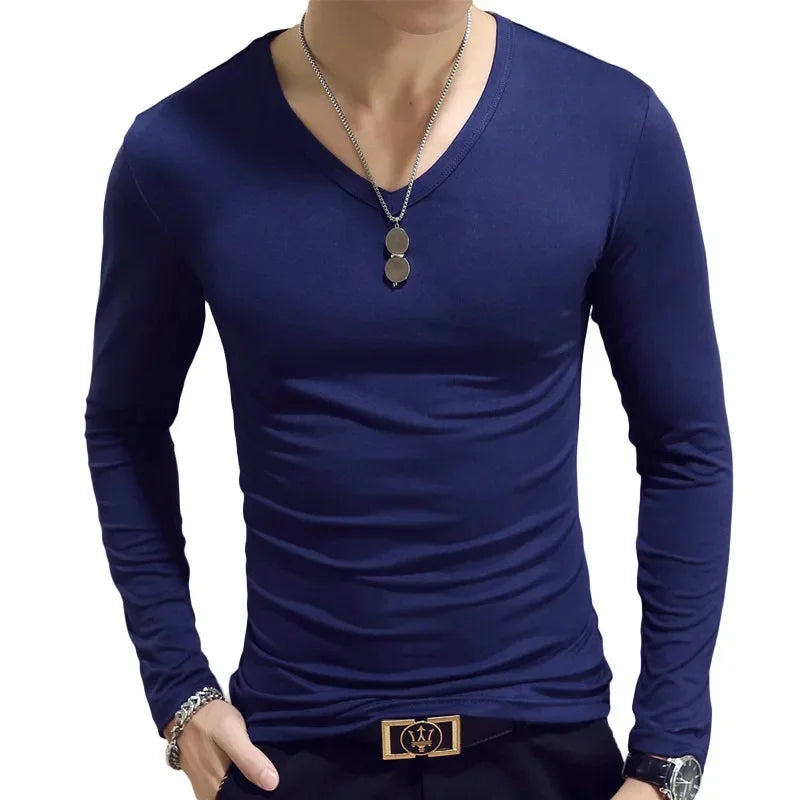 2023 Men's Long Sleeve T-shirts Loose-Fit Solid Color V-Neck Base Layer Top Thin Style Autumn Clothing