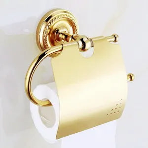 Conjunto de acessórios de banheiro de latão vendido, gancho de roupão, suporte de papel, barra de toalha, anel de toalha, conjuntos de banheiro, toalheiro dourado ht- 810900 -T