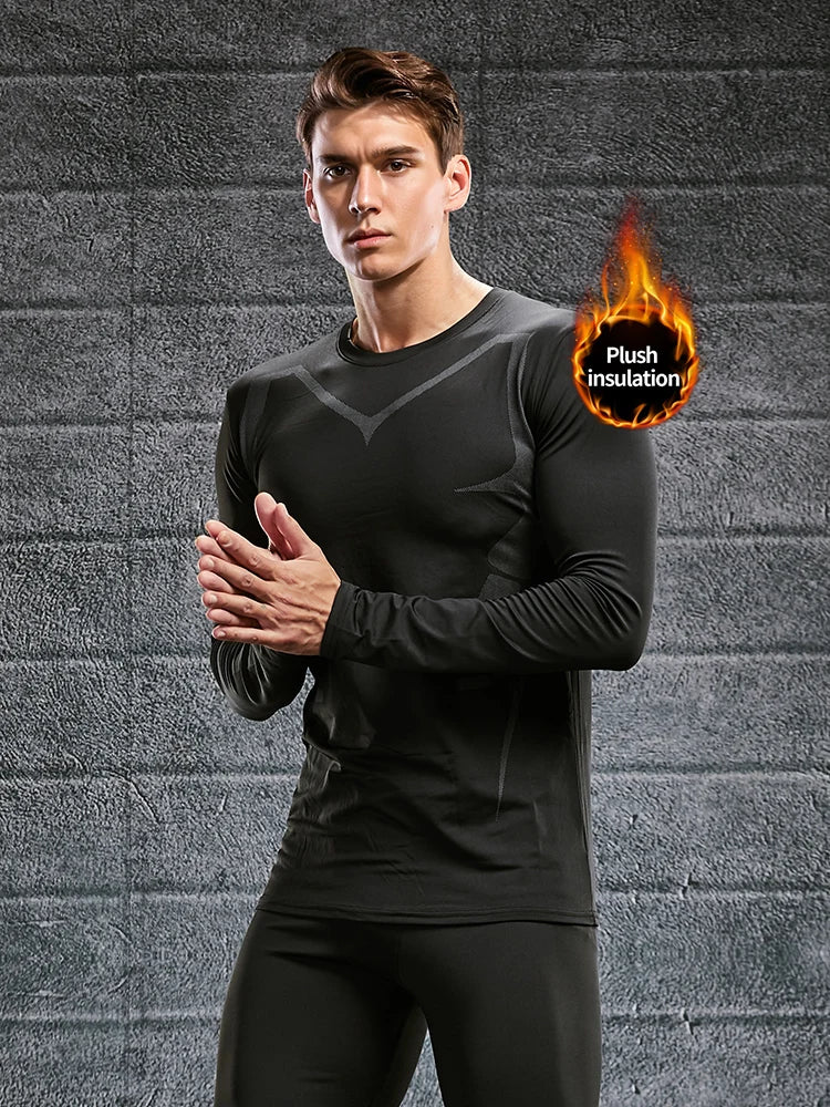 Roupa interior quente para homens, pelúcia e espessamento, à prova de água e sem costura, conjunto esportivo apertado, top outono e inverno
