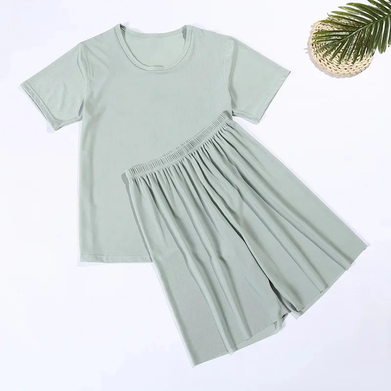 Summer Lightweight Loose Casual Short Sleeve T-Shirt Five-Point Pants Sleepwear Set for Men And Women Home Comfortable Pyjamas