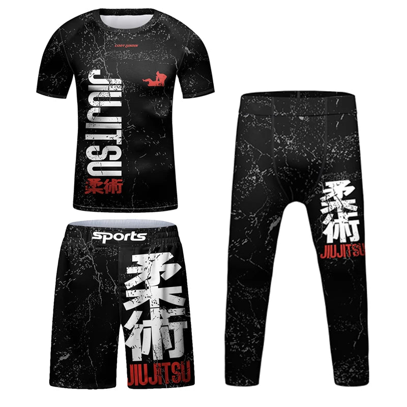 Nova criança jiu jitsu mma rashguard camiseta + calça + shorts 3d bjj gi kickboxing camisas apertadas meninos crianças muay thai boxe roupas esportivas