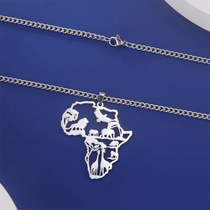 My Shape Africa Map Lion Elephant Monkey Giraffe Pendant Necklaces Men Women Stainless Steel Animal Chain Choker African Jewelry