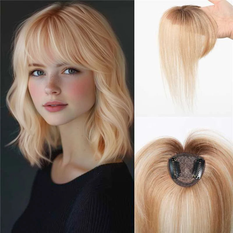 Topper de cabelo humano remy marrom escuro com franja de ar moda toppers de cabelo reto para mulheres uso diário clipe em extensões de cabelo