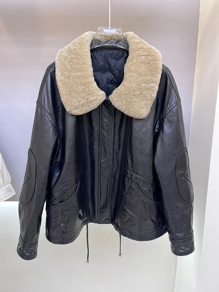 2024 enuine Sheepskin Leather Jacket Natural Merino Sheep Fur Collar Goose Down Jacket Coat Women's Luxury Female Coats