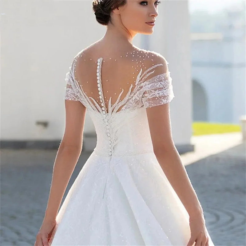 Customized Elegant Short Sleeve Wedding Dress Classic Beaded Bride Gown 2025 A-line Off-Shoulder Bride Robe Vestidos De Novia