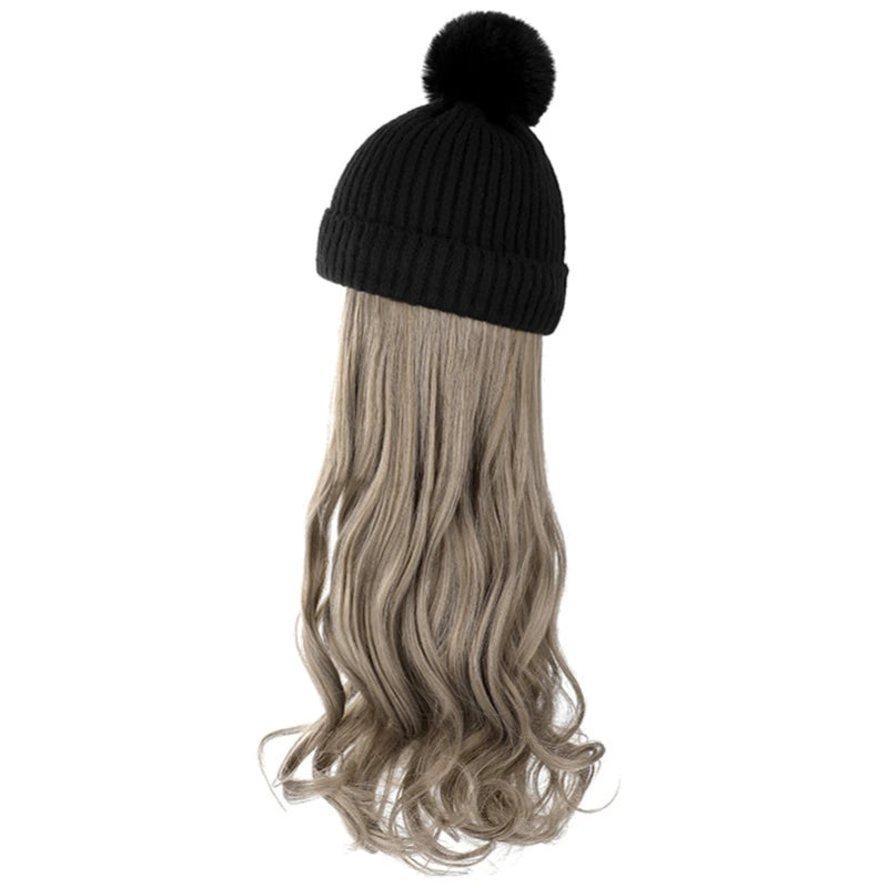 Fashion Hat Wig Brimless Cap with Long Curly Wave Hair Extensions Knitted Synthetic Removable Hairs Piece for Women Winter Use