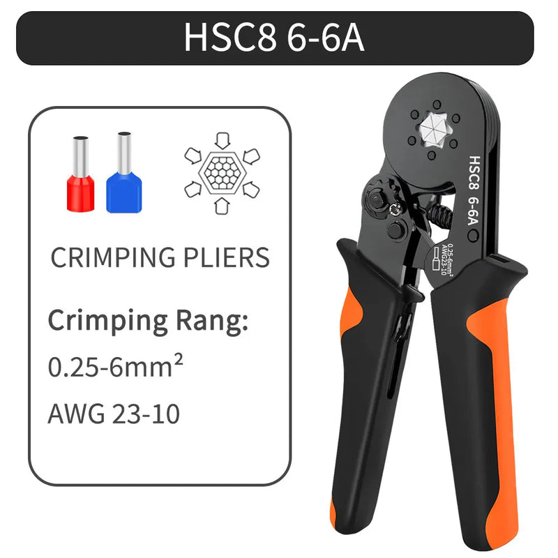 Hexagonal Auto-Ajustável Ratchet Virola Crimping Tool Kit, Crimper Kit com Mangas Virola, Terminais de Fio, 23-7AWG, 0.25-10 mm2