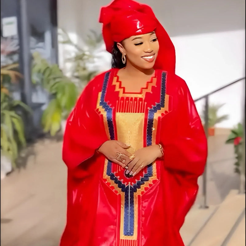 Vestido africano Dashiki com lenço para mulheres, vestido tingido com gravata, bordado, moda casal, elegante