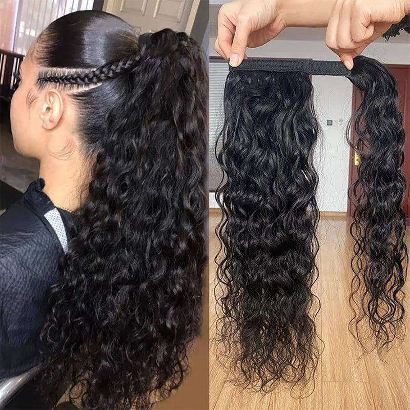 Onda de água extensões de cabelo humano desenhar corda rabos de cavalo kinky encaracolado virgem grampo de cabelo humano na extensão de rabo de cavalo para preto