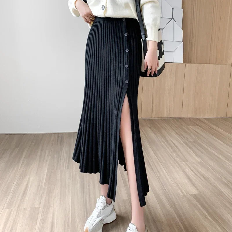 New Fashion Knitted Pleated Skirts Women 2024 Autumn Winter High Waist A Line Faldas Korean Sexy Mid Length White Black Skirt