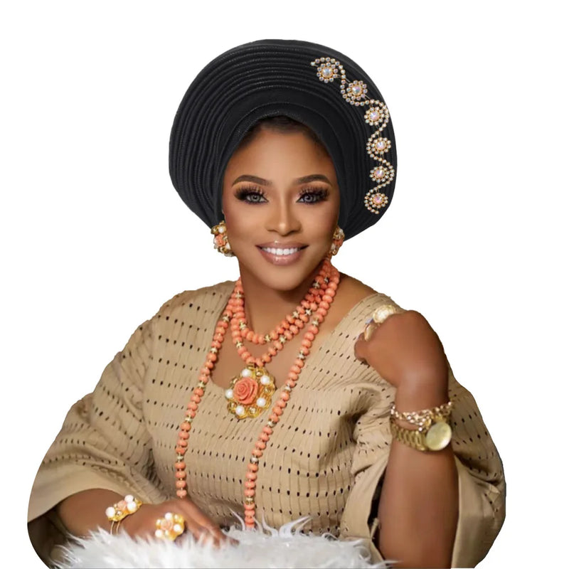 New African Headtie Turban Nigeria Head Ties with Flowers Already Made Auto Gele Women Head Wraps for Wedding Party