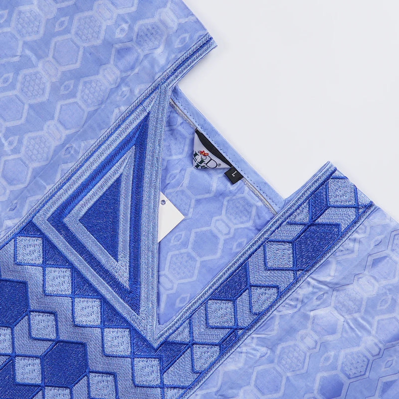 H & d novas roupas de tradição africana para crianças meninos azul manga longa topos bordado dashiki robe camisa calça criança conjunto 3 peças 2024