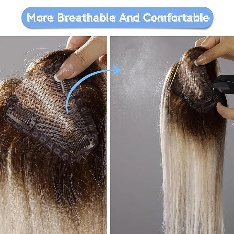 Toppers de cabelo humano 100% real para mulheres ombre marrom loiro topper de cabelo 3.5*4 polegadas base de renda clipe em extensões de cabelo para perda de cabelo