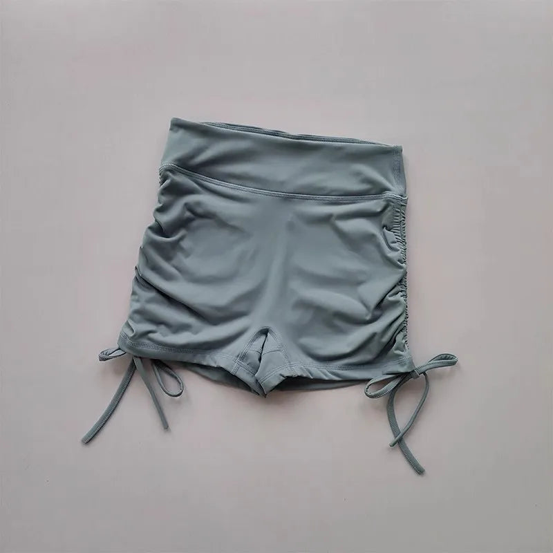 Shorts de fitness de yoga feminino de cintura alta sexy cordão amarrado calças quentes esportivas de três partes para fitness e exercício