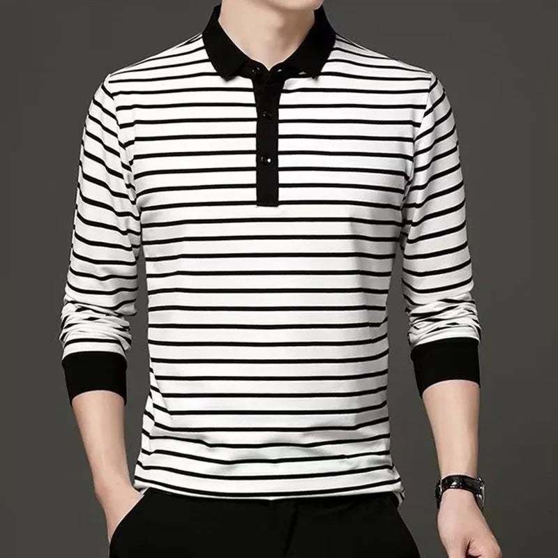 Fashion Men New Striped Polo Shirts Spring Autumn Long Sleeve Lapel Cotton Tee Shirt Male Clothes Casual Business T-Shirt 2022