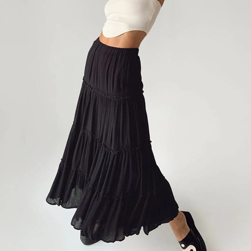 Women's Tiered Long Skirts Drawstring Elastic Waist Solid Color Ruched Midi Skirts Side Split Long Skirts Summer Beachwear