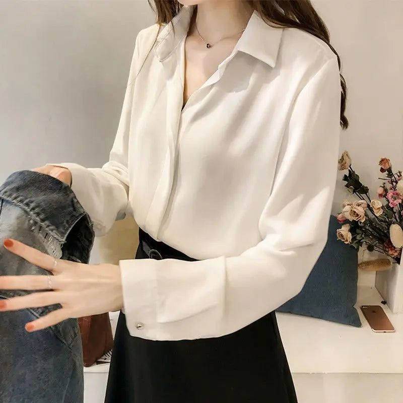 White Chiffon Long Sve irt for Women Cleanfit Sle Office Wear Autumn Faionable Profional Aosphere Six Sve Le...